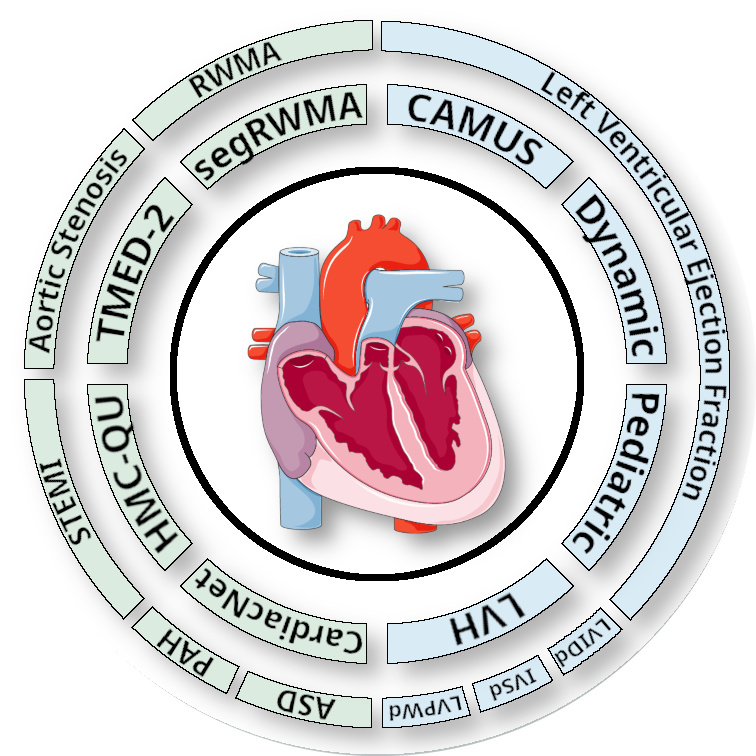 CardioBench overview: classification and regression tasks across eight public echocardiography datasets