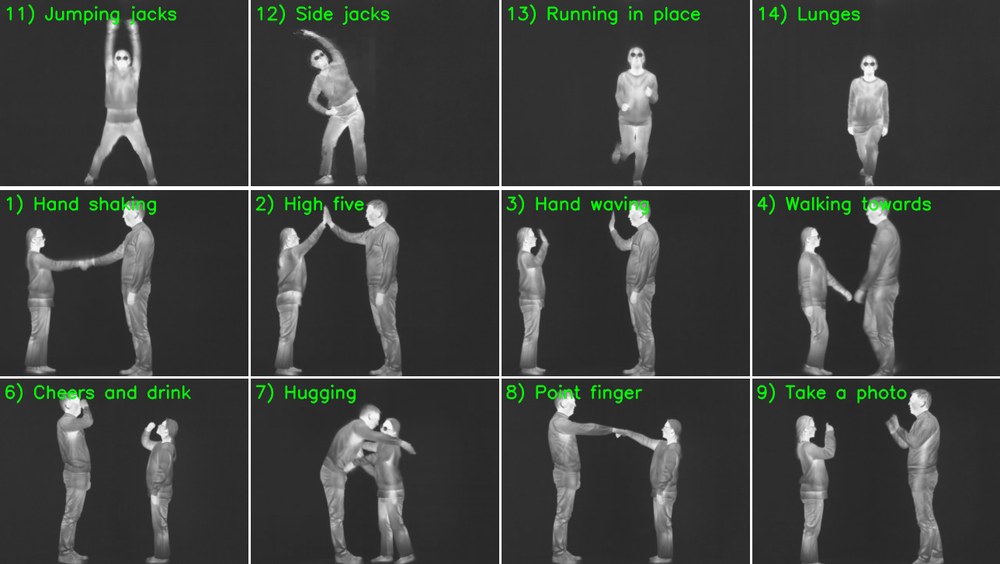 Grid of thermal camera frames showing people doing exercises and two-person interactions such as hand shaking, high fives and hugging