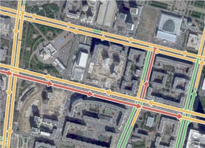 Satellite map of shuttle bus routes in Astana with color-coded traffic directions